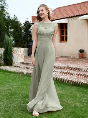 A-Line Chiffon Dress with Illusion Neckline Silver