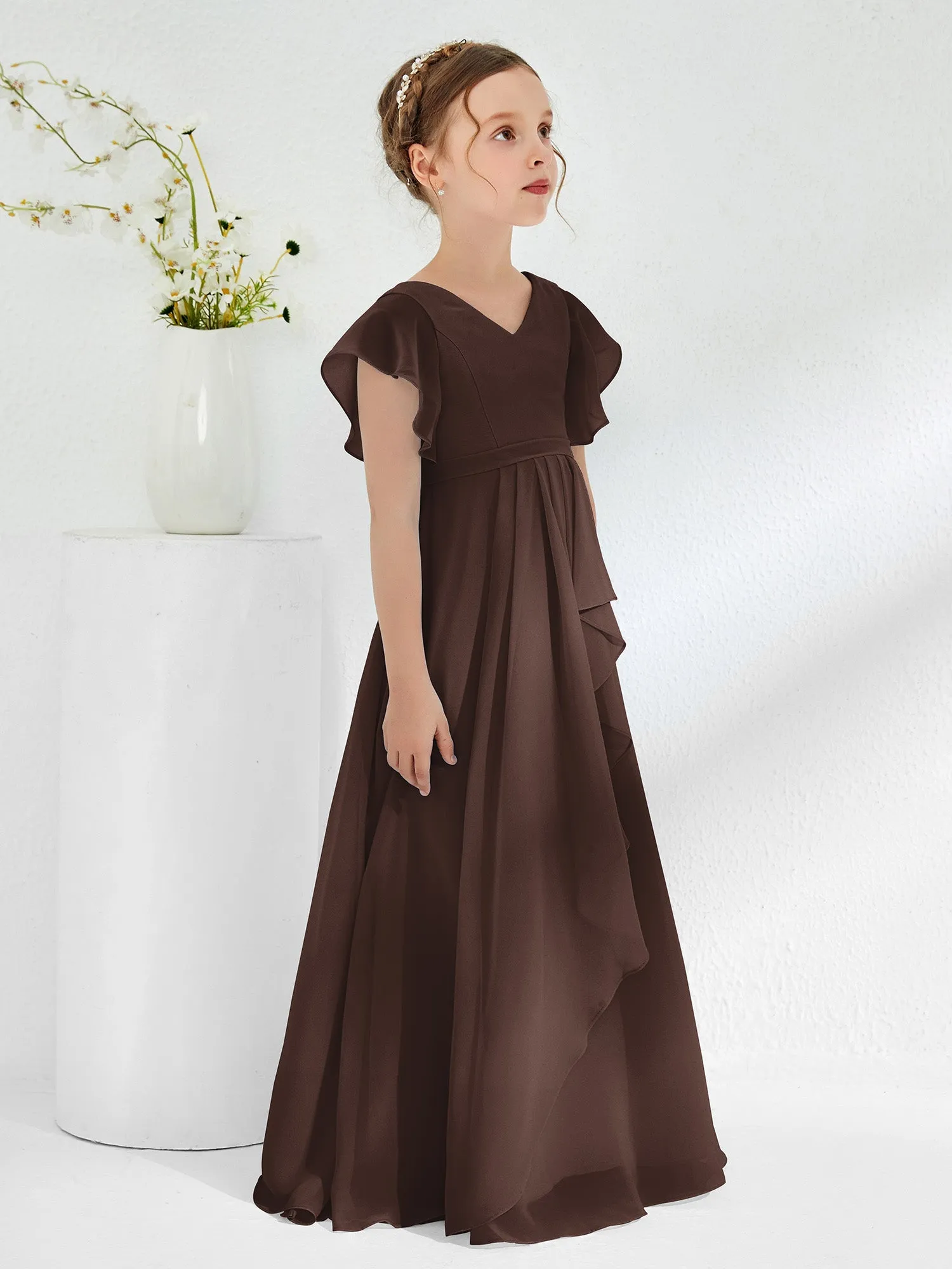A-line Flutter Sleeves Junior Bridesmaid Dresses Chocolate