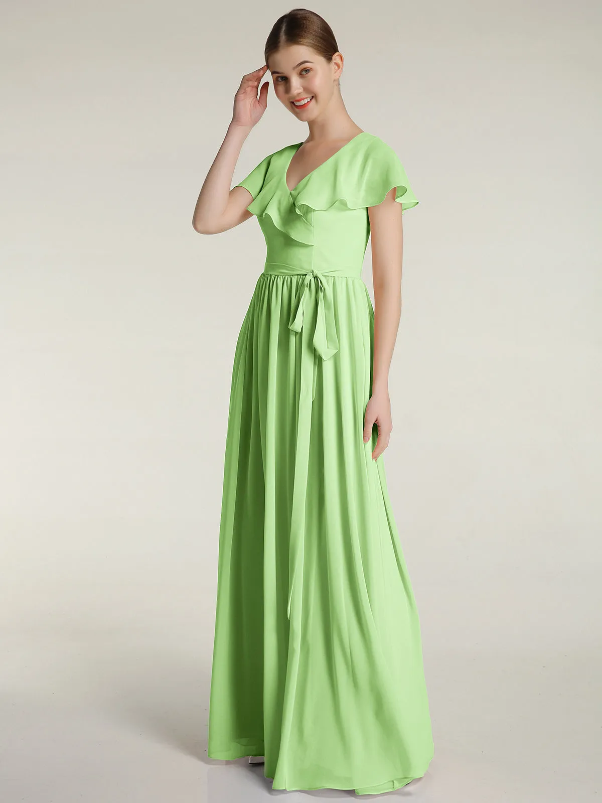 Cap Sleeves Long Chiffon Dresses with Slit-Sage Plus Size
