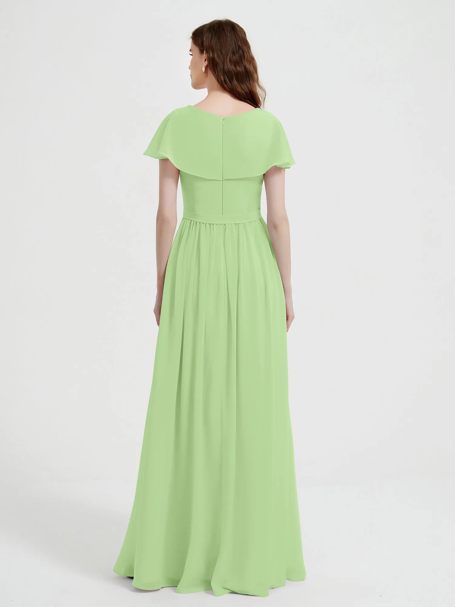 Cap Sleeves Long Chiffon Dresses with Slit-Sage Plus Size