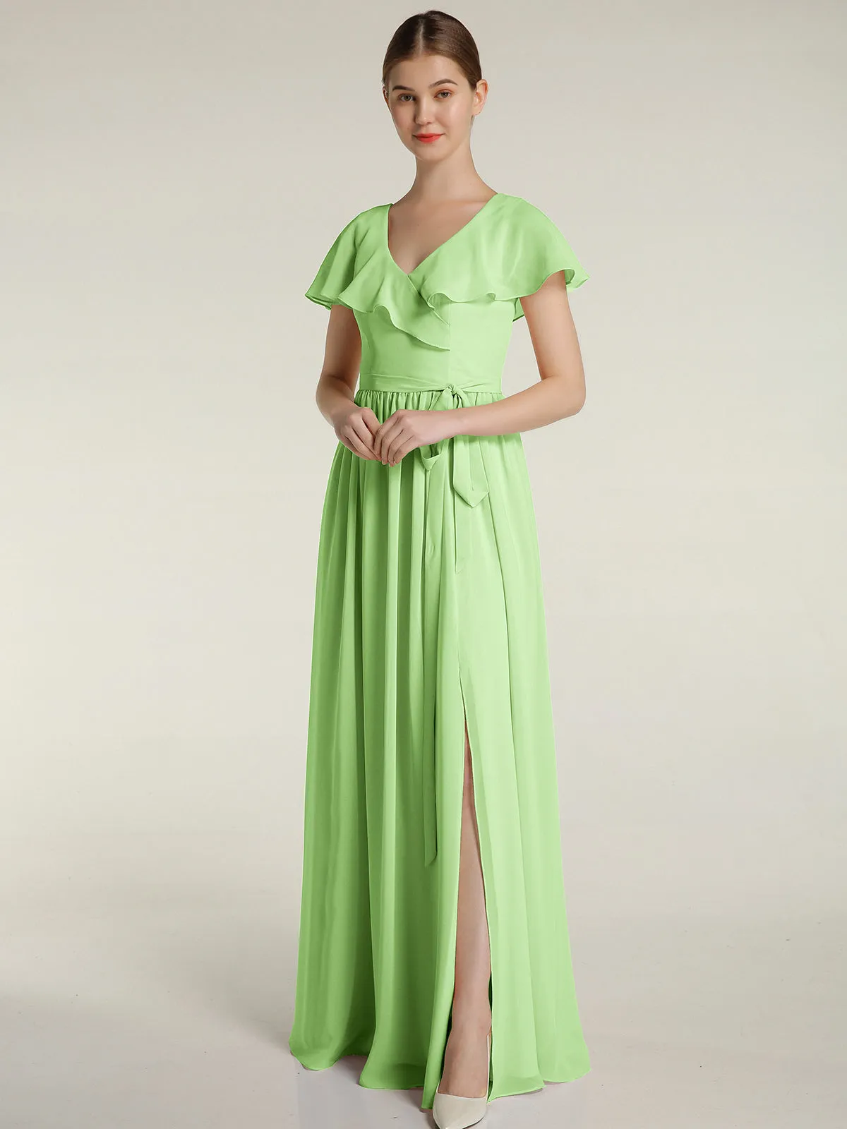 Cap Sleeves Long Chiffon Dresses with Slit-Sage Plus Size