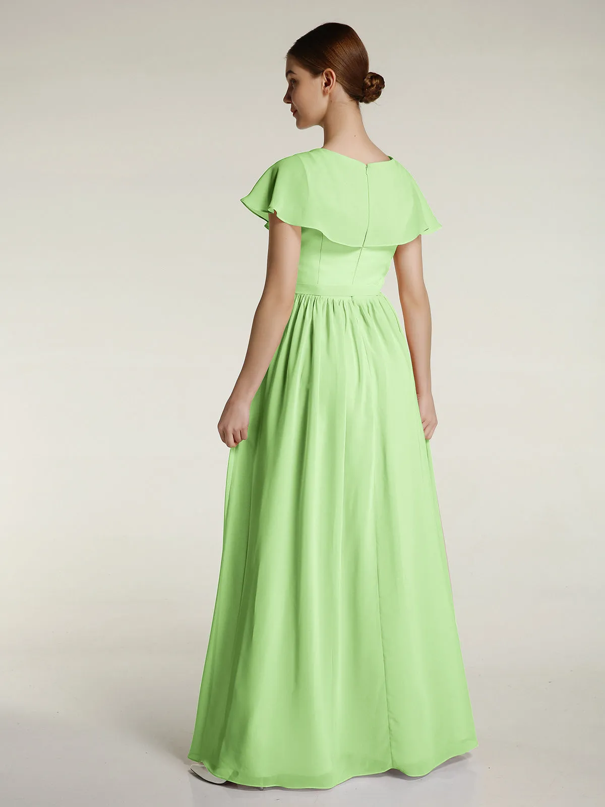 Cap Sleeves Long Chiffon Dresses with Slit-Sage Plus Size
