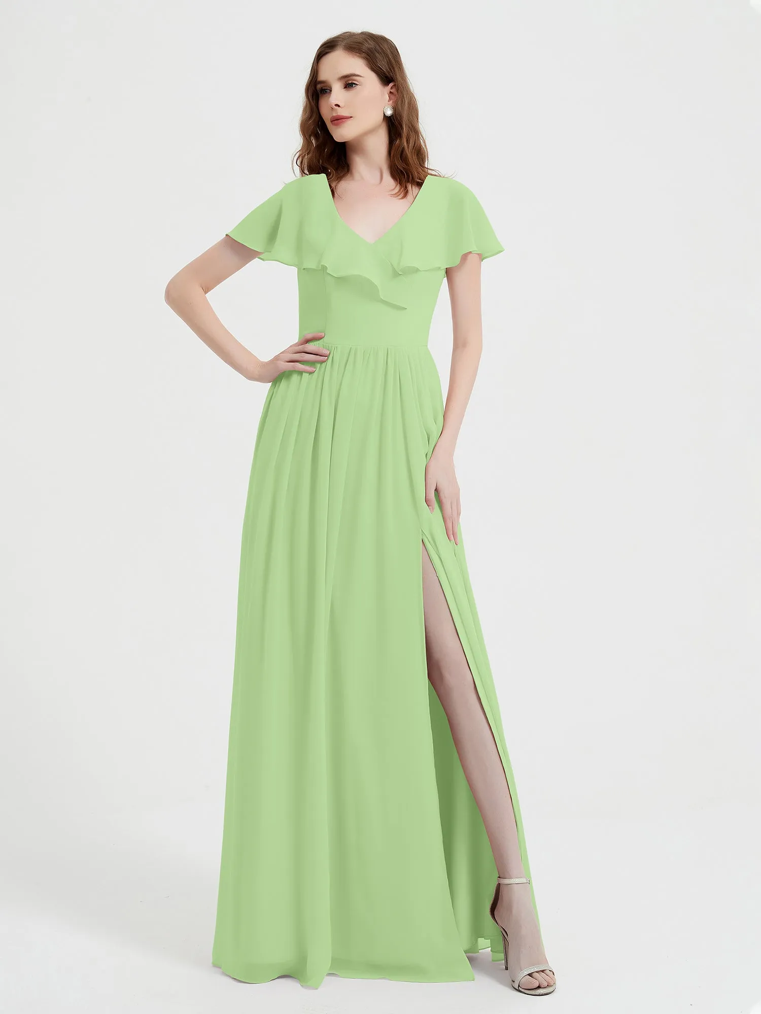 Cap Sleeves Long Chiffon Dresses with Slit-Sage Plus Size