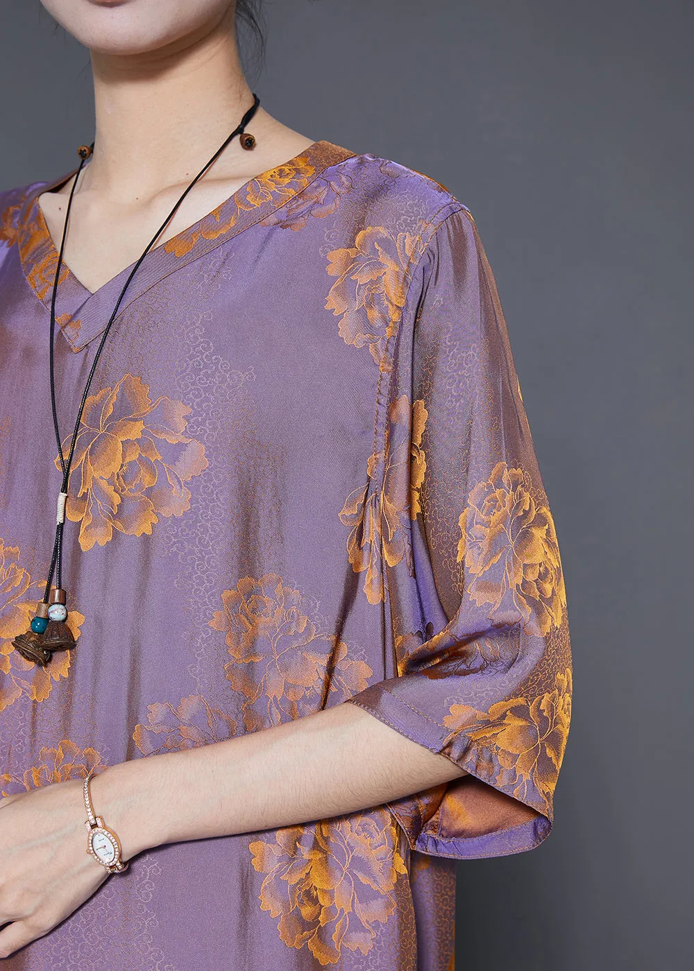Chic Purple V Neck Print Wear On Both Sides Silk Dresses Summer LY5586