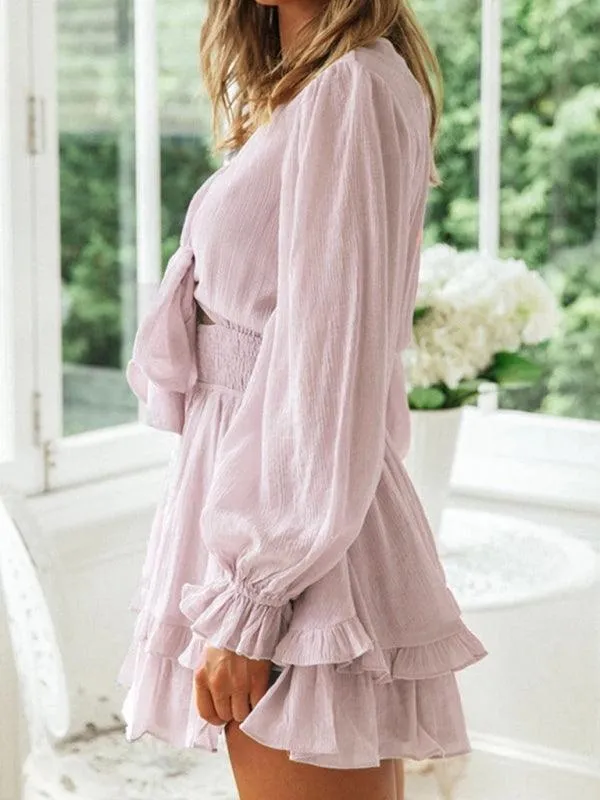 Chic V-Neck Ruffle Knot Mini Dress for Trendsetting Ladies