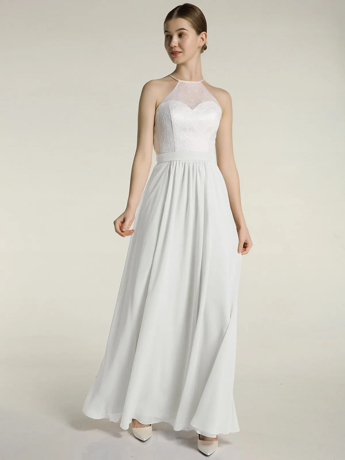 Chiffon Long Dresses with Ivory Lace Bodice-Ivory Plus Size
