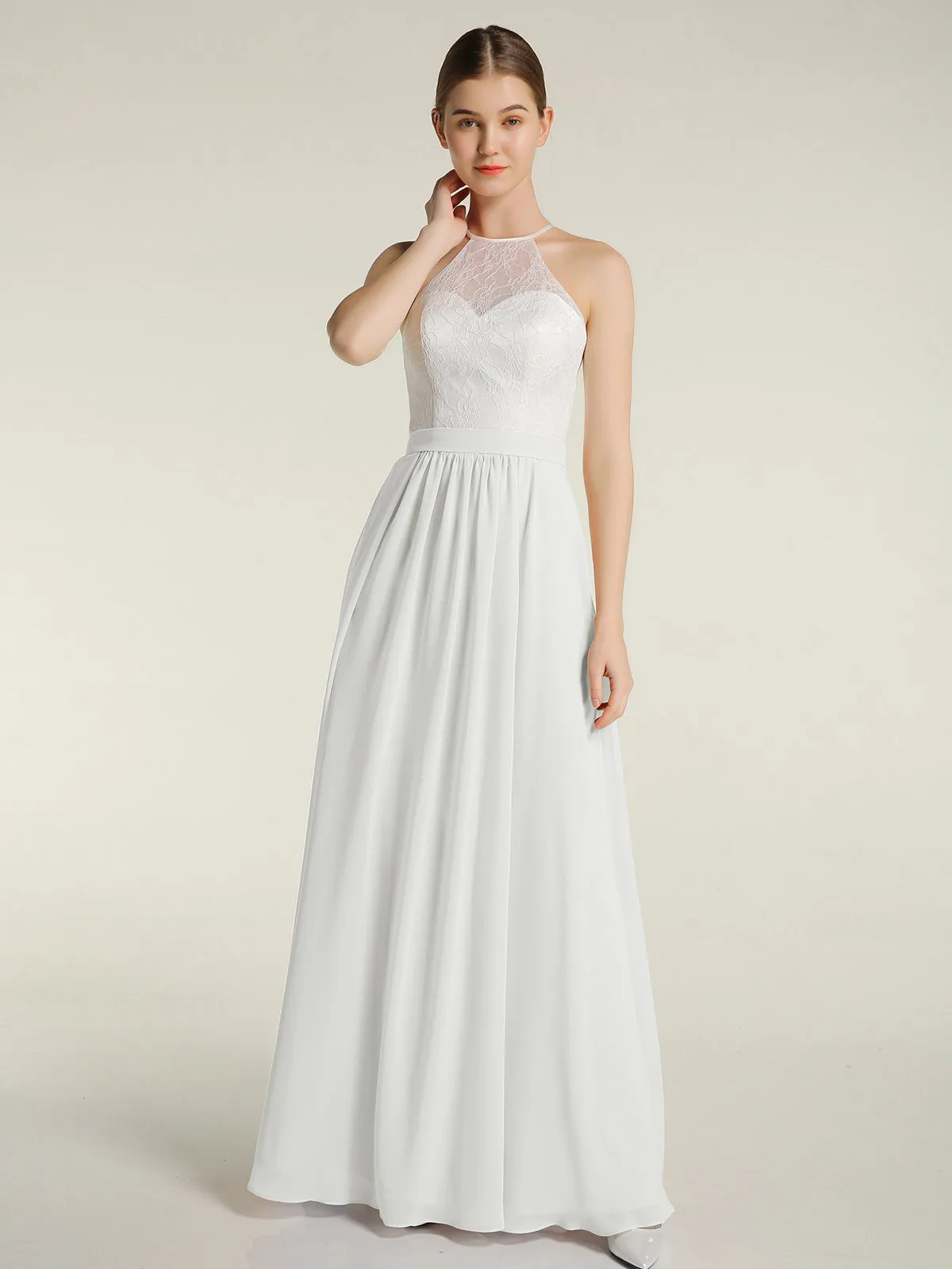 Chiffon Long Dresses with Ivory Lace Bodice-Ivory Plus Size