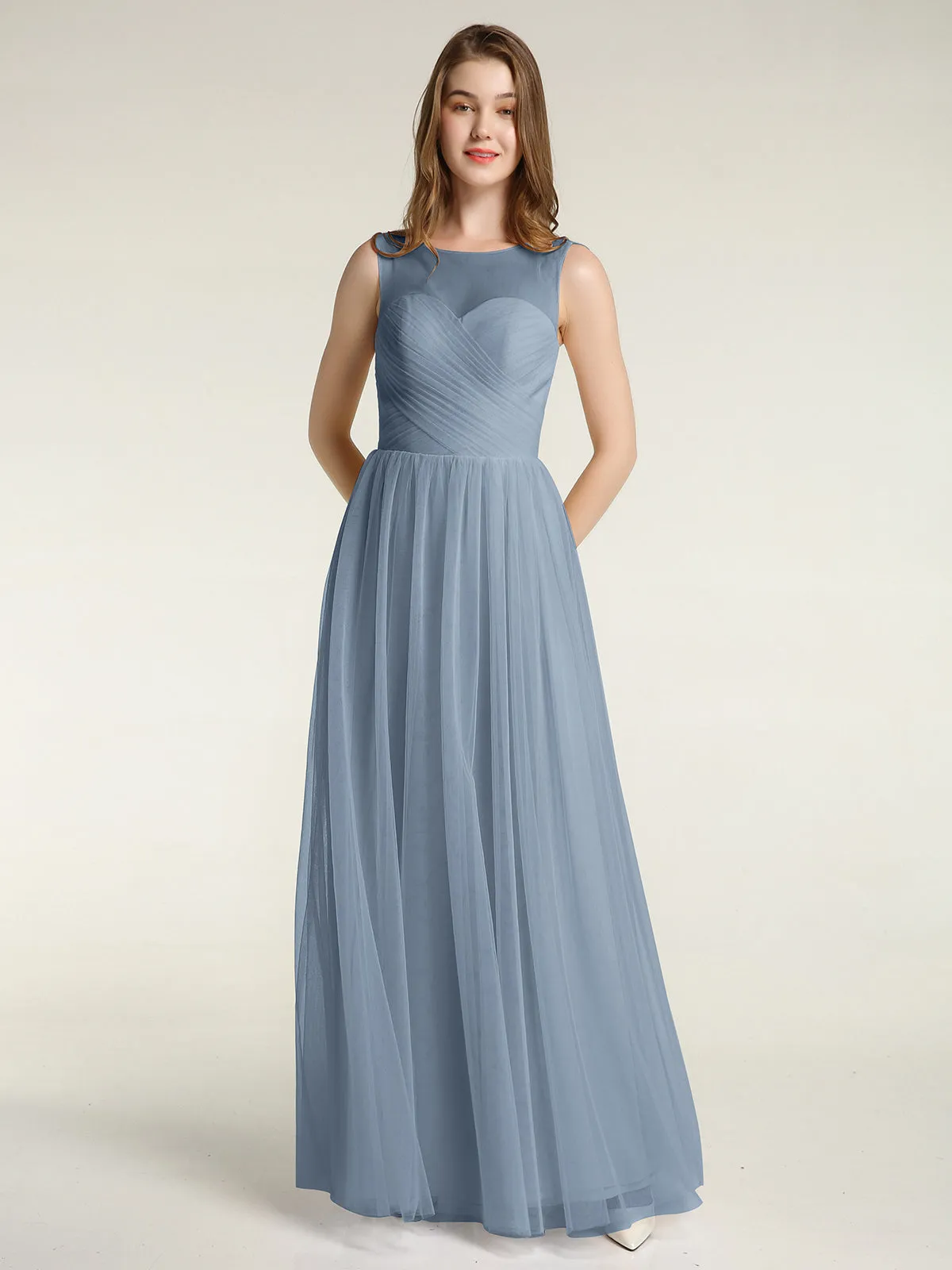 Illusion Neck Cross Tulle Bridesmaid Dresses-Dusty Blue