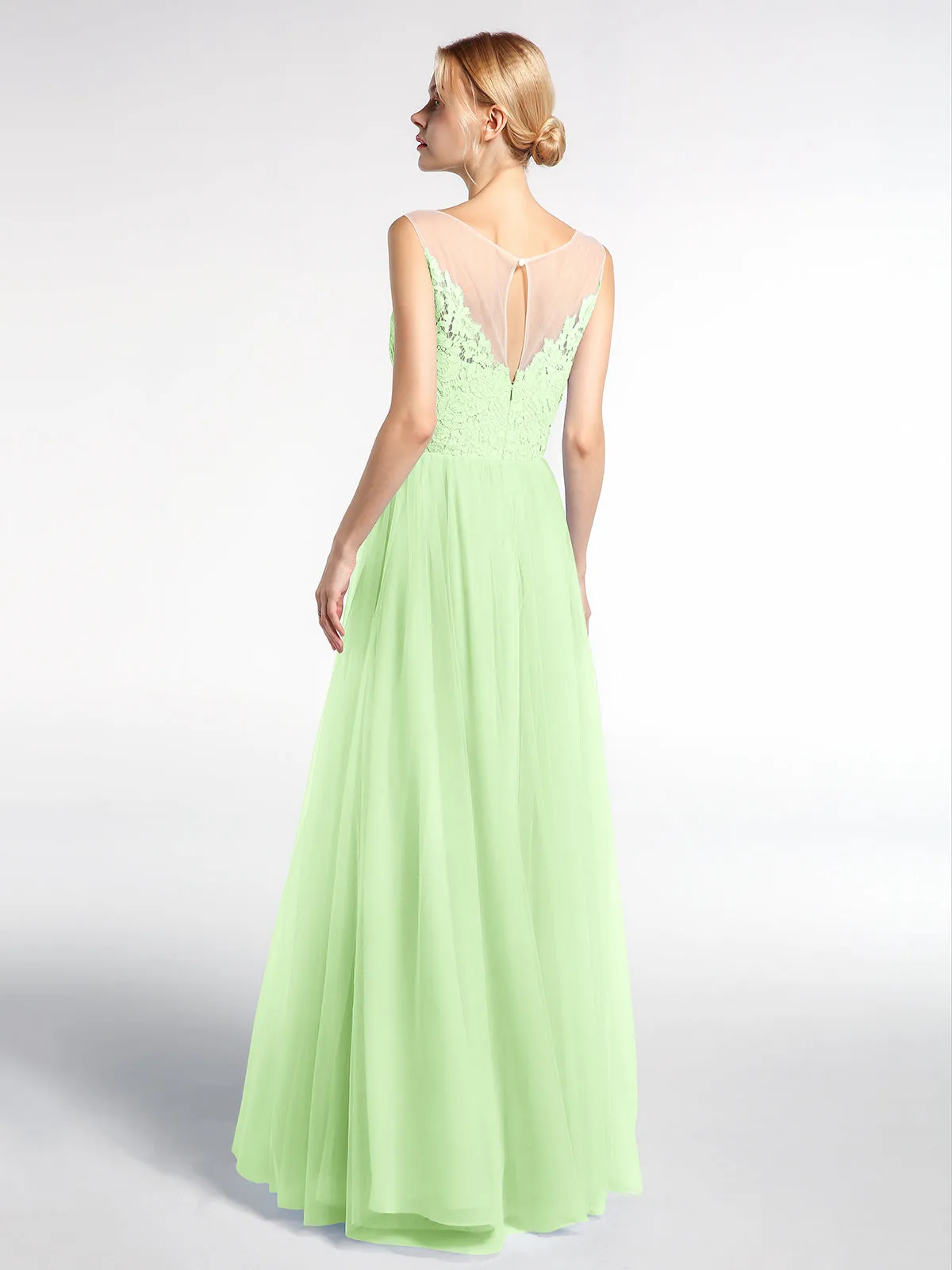 Illusion Neckline Lace and Tulle Maxi Dress-Sage