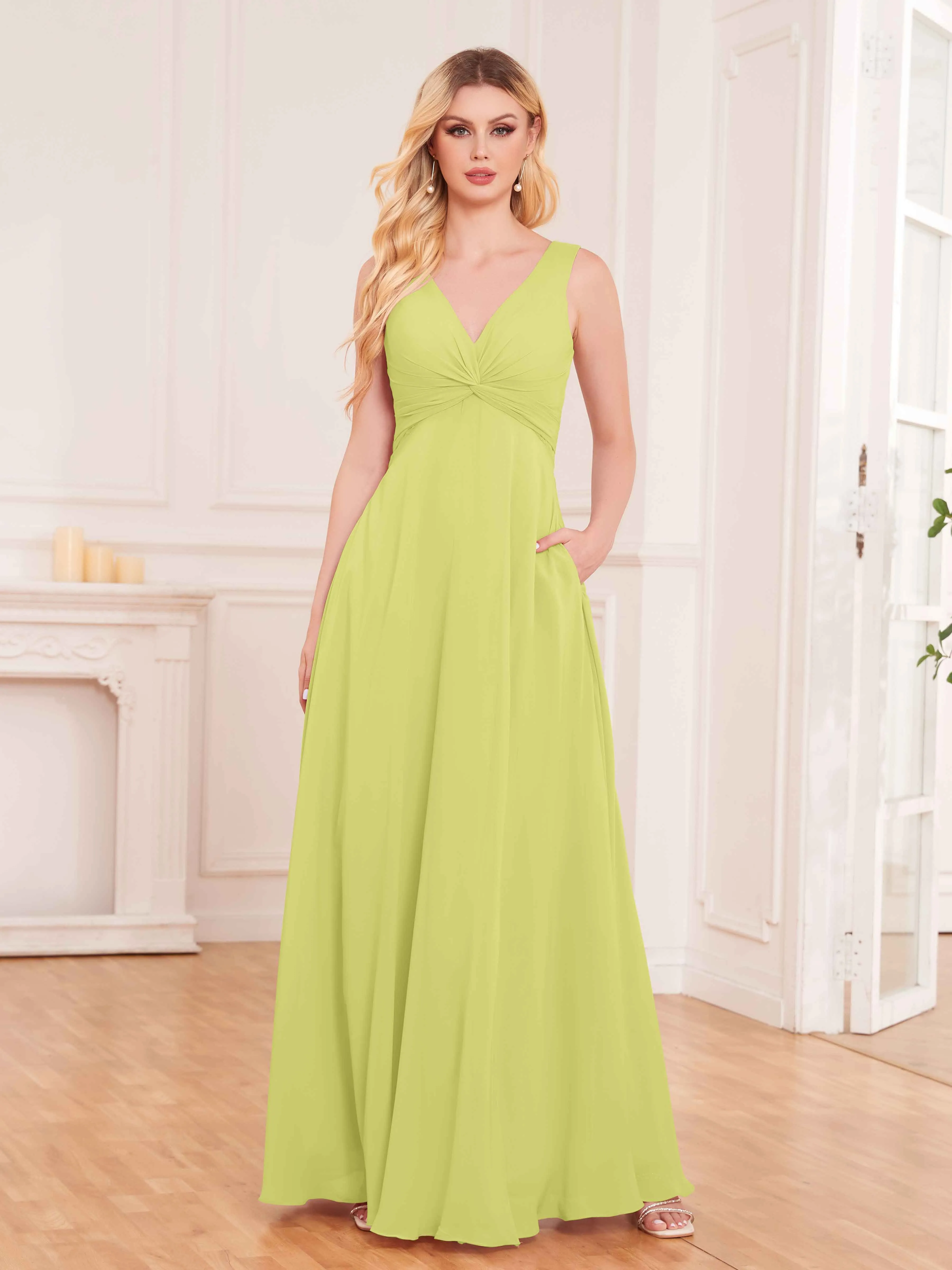 Kaylee Graceful V Neck Pleated Floor Length Chiffon Bridesmaid Dresses