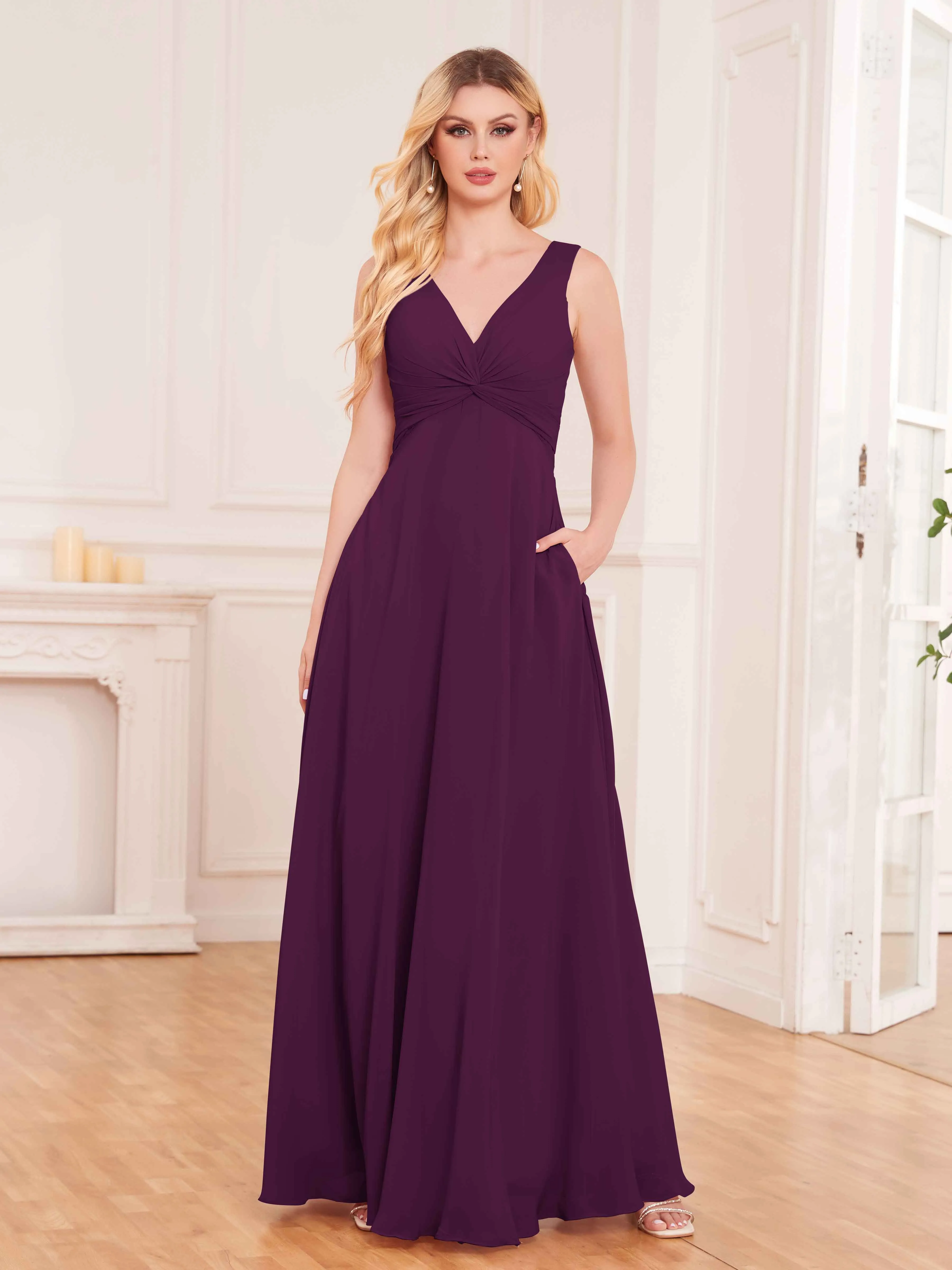 Kaylee Graceful V Neck Pleated Floor Length Chiffon Bridesmaid Dresses