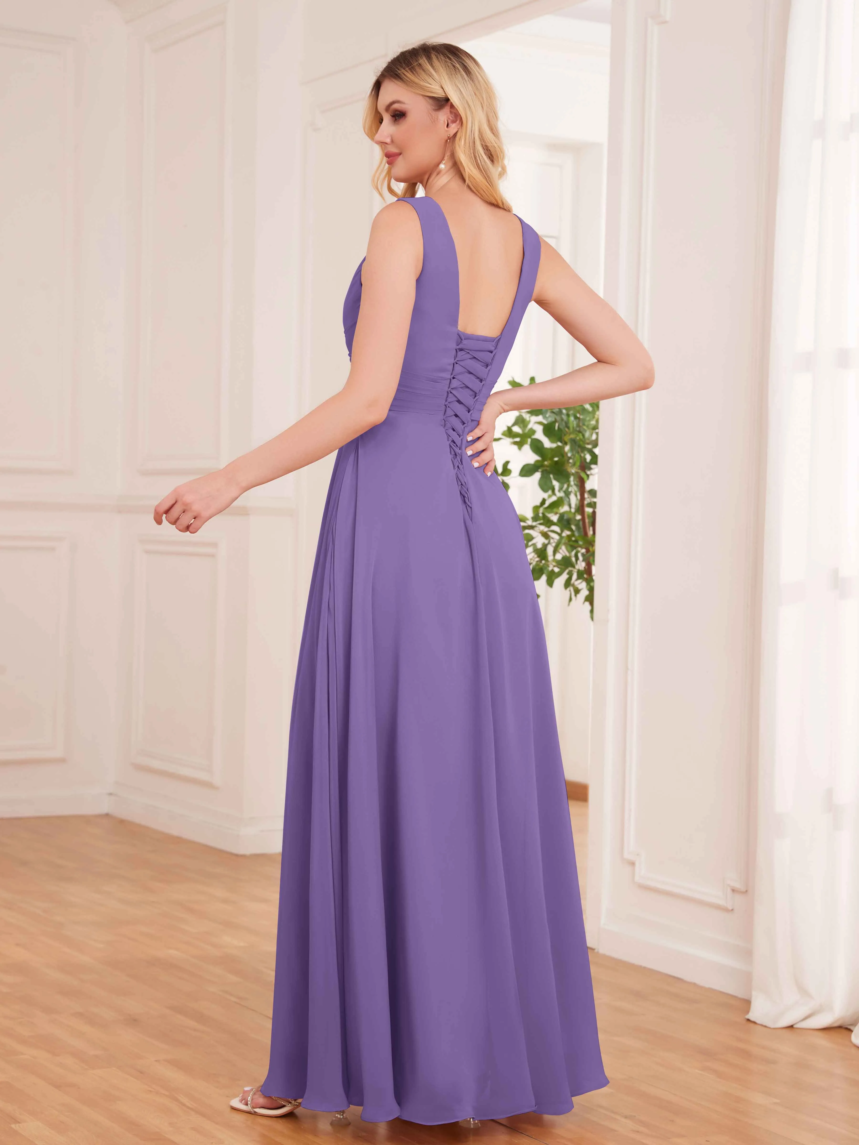 Kaylee Graceful V Neck Pleated Floor Length Chiffon Bridesmaid Dresses