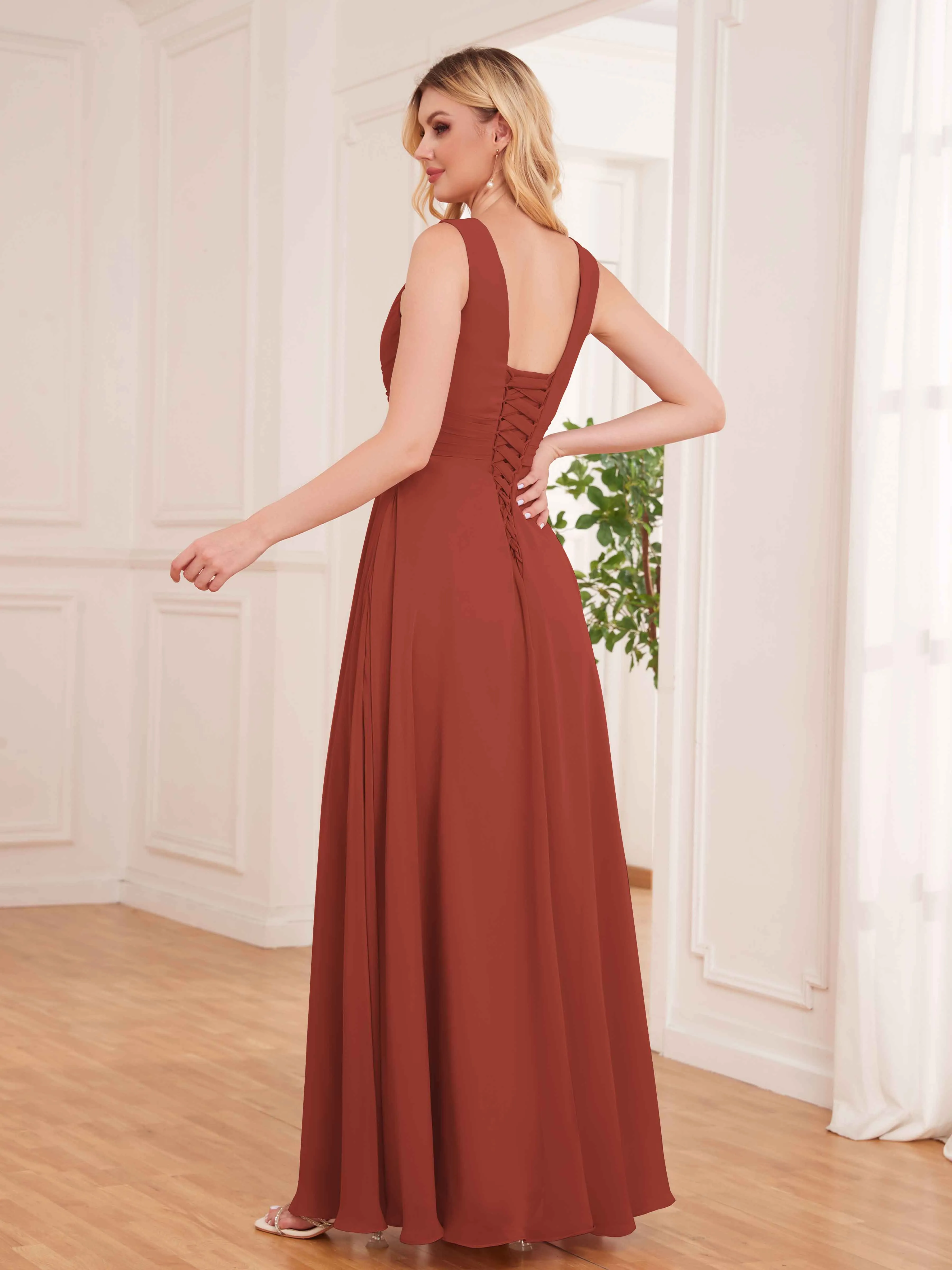 Kaylee Graceful V Neck Pleated Floor Length Chiffon Bridesmaid Dresses