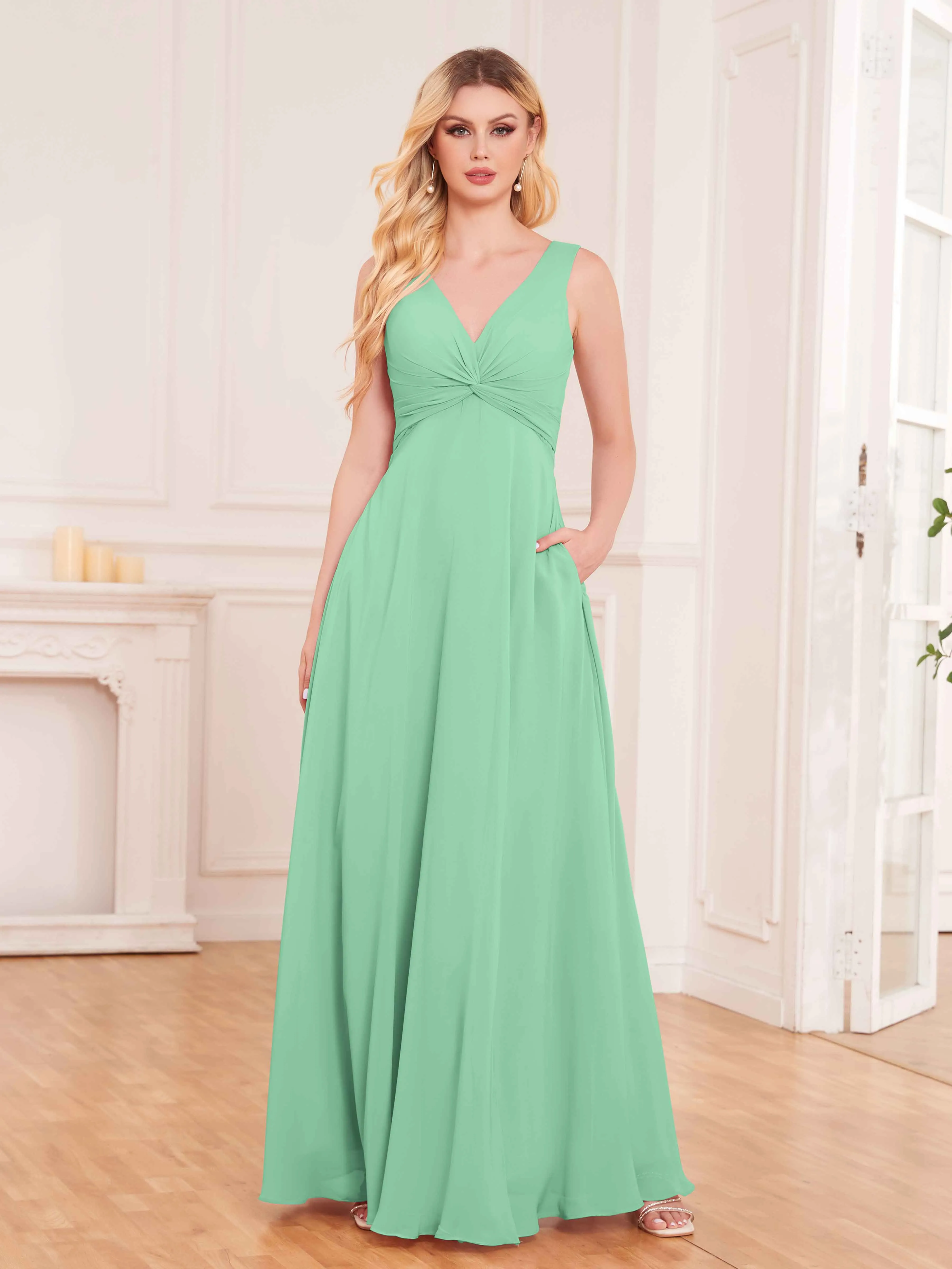 Kaylee Graceful V Neck Pleated Floor Length Chiffon Bridesmaid Dresses