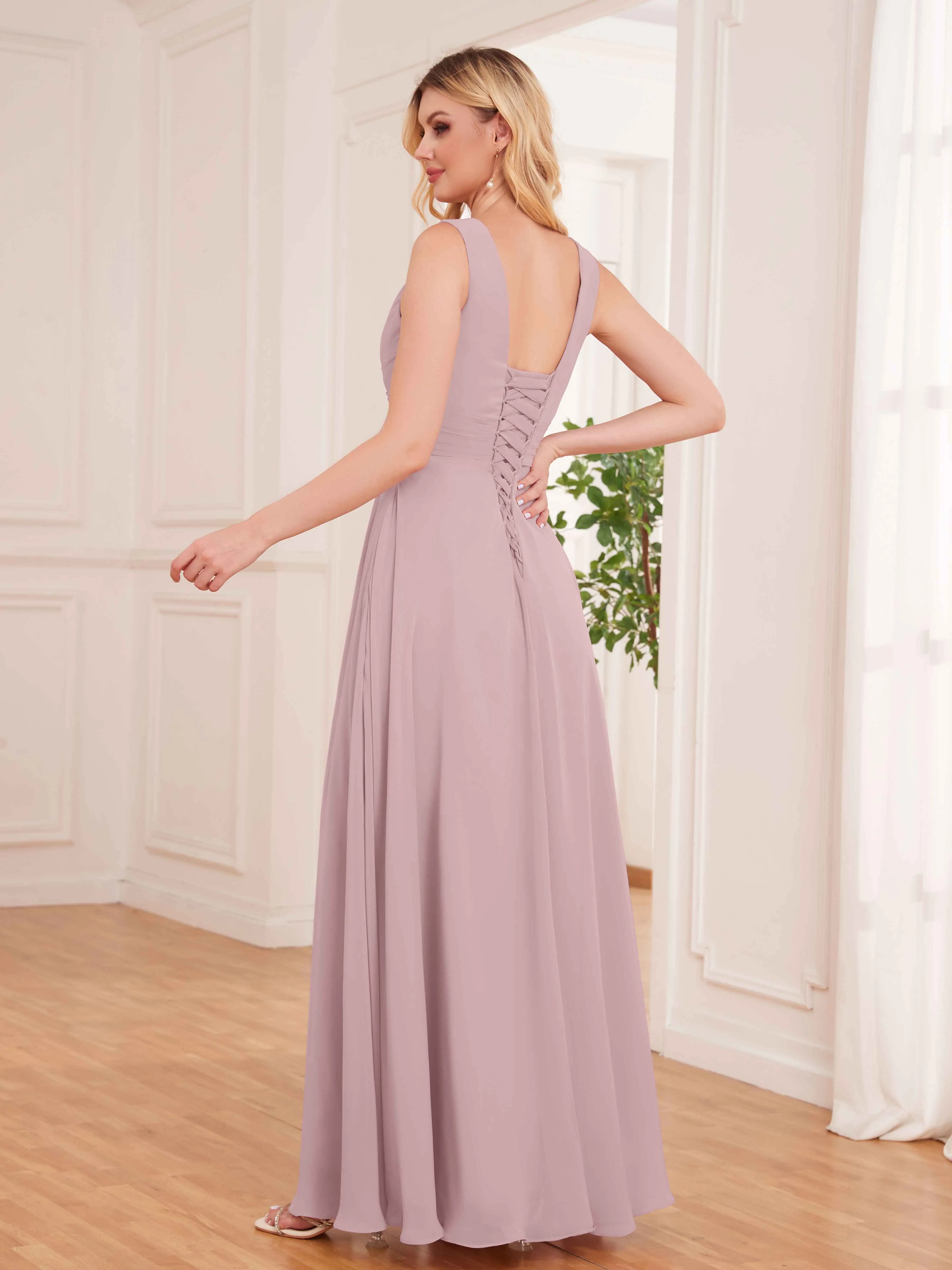 Kaylee Graceful V Neck Pleated Floor Length Chiffon Bridesmaid Dresses
