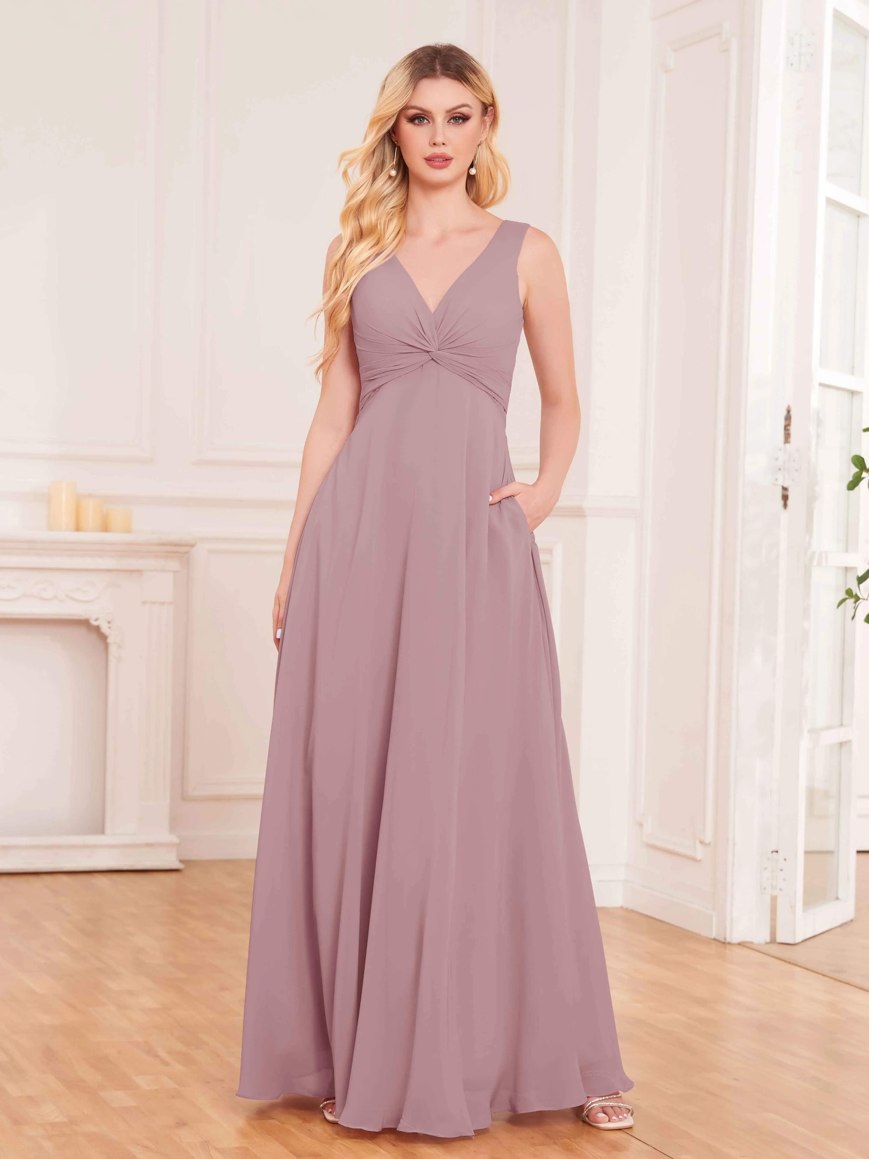 Kaylee Graceful V Neck Pleated Floor Length Chiffon Bridesmaid Dresses