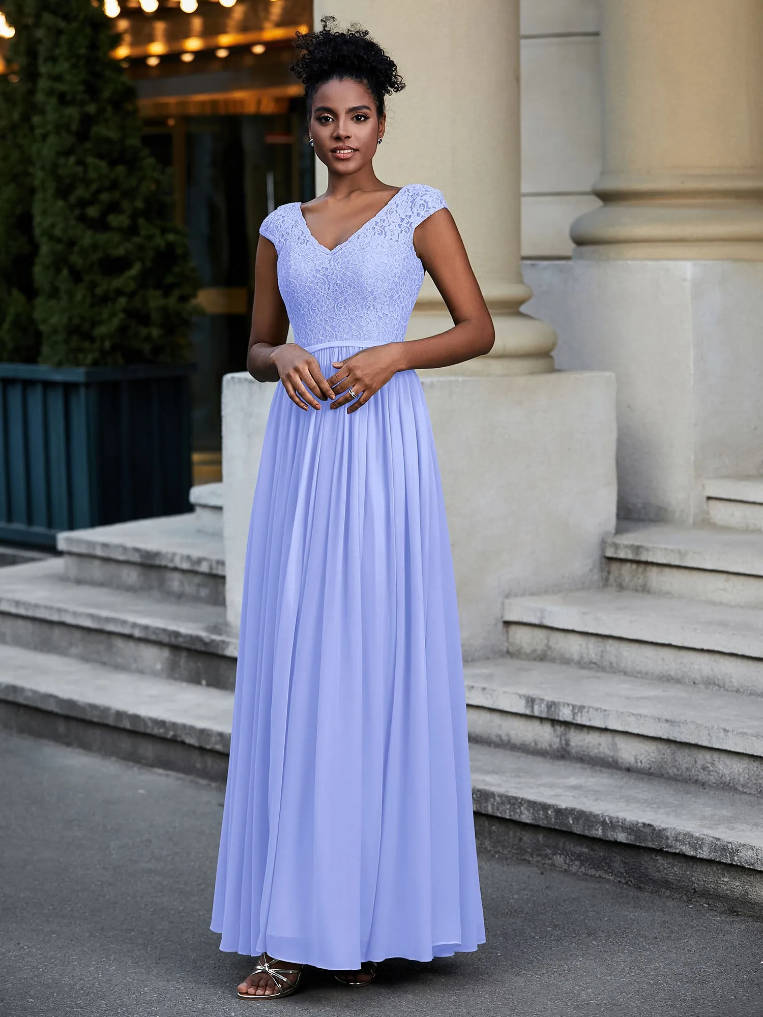 Lace and Chiffon Maxi Dress with Cap Sleeves-Lavender Plus Size