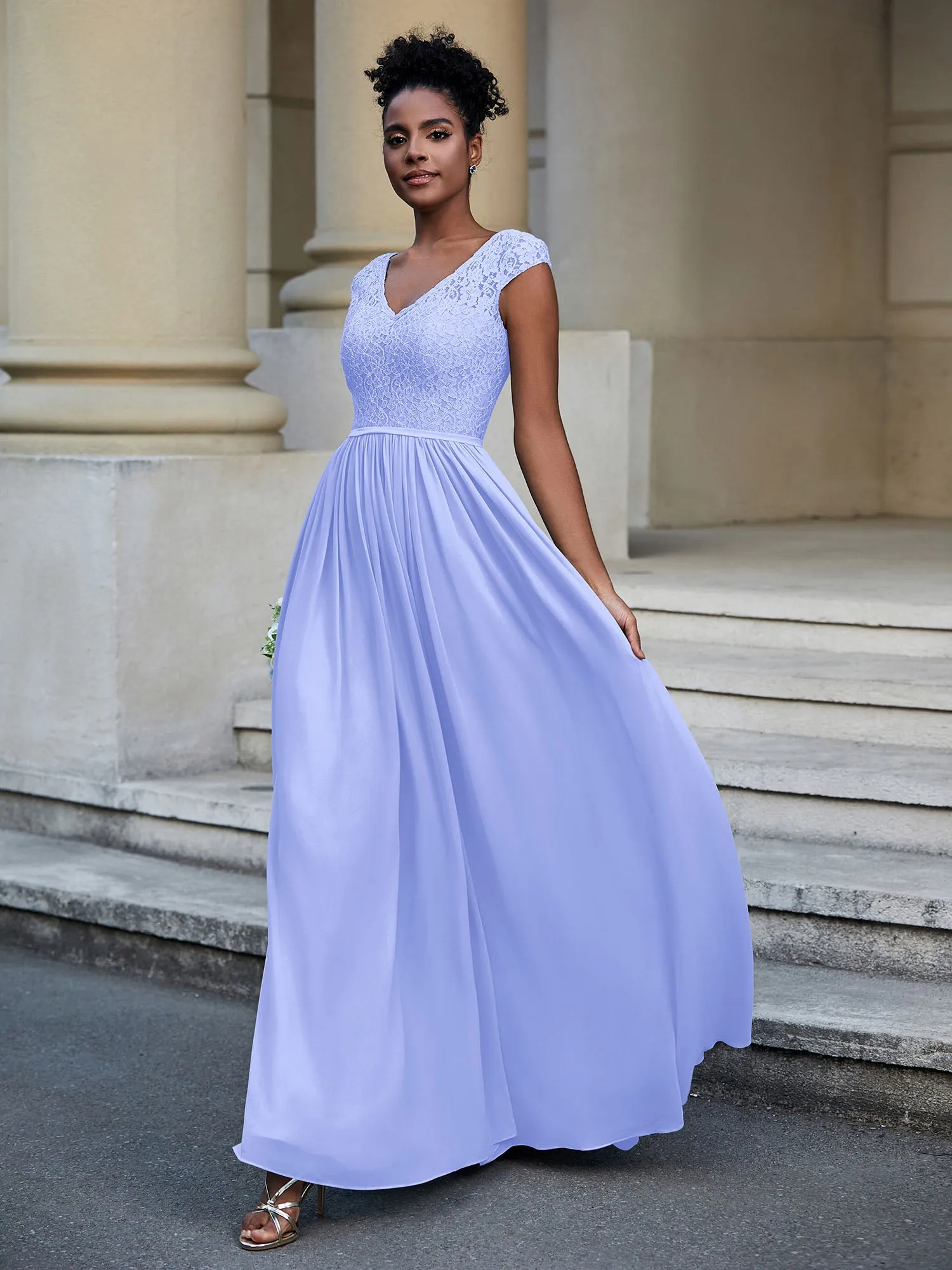 Lace and Chiffon Maxi Dress with Cap Sleeves-Lavender Plus Size