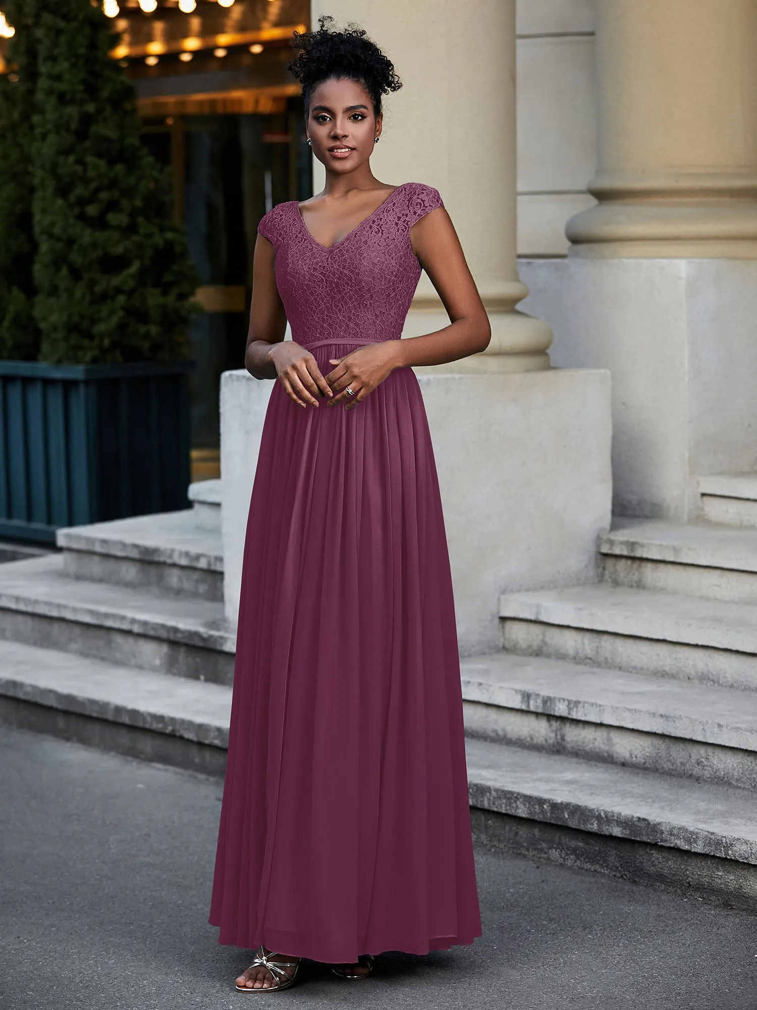Lace and Chiffon Maxi Dress with Cap Sleeves-Mulberry Plus Size