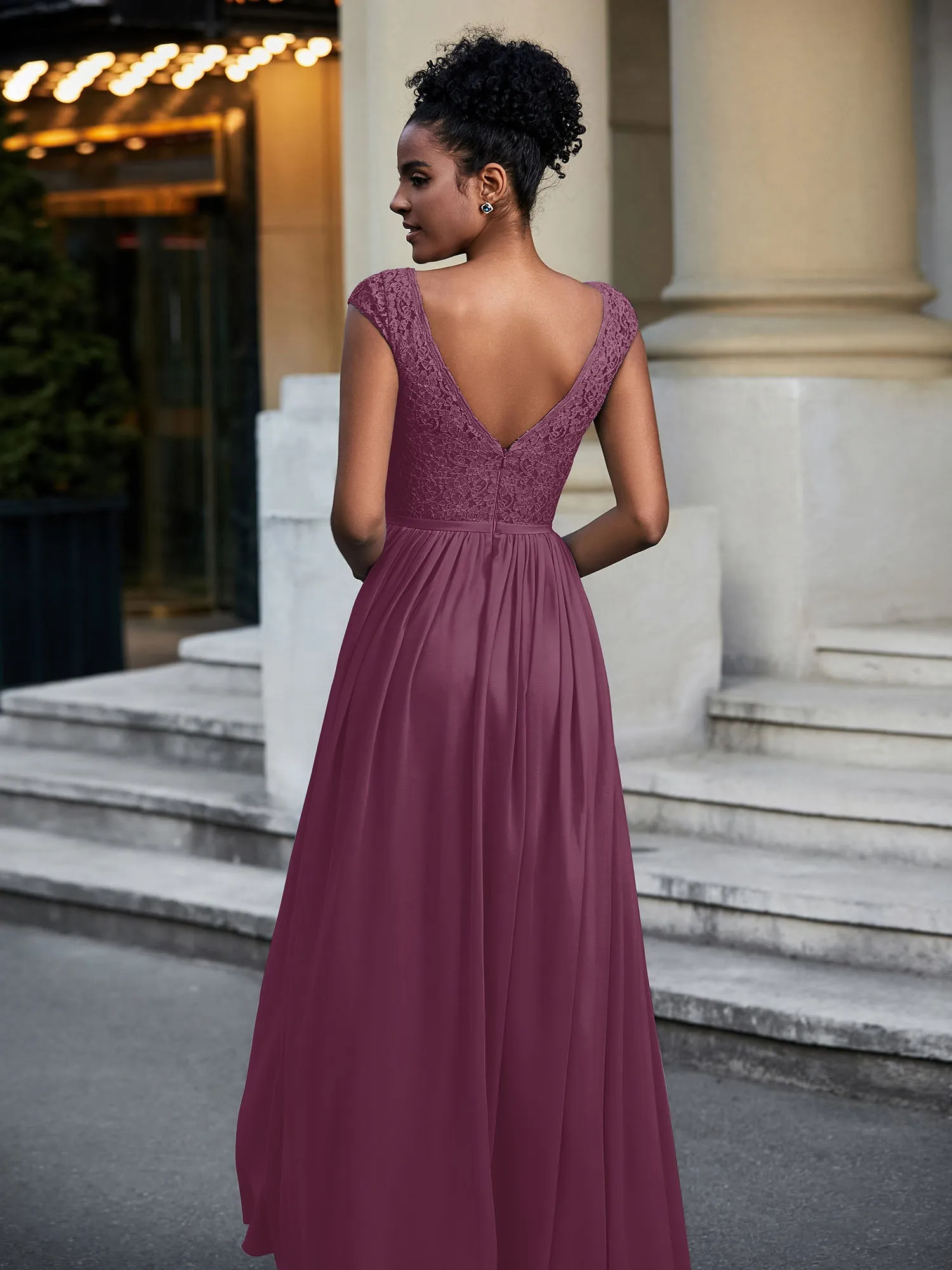 Lace and Chiffon Maxi Dress with Cap Sleeves-Mulberry Plus Size