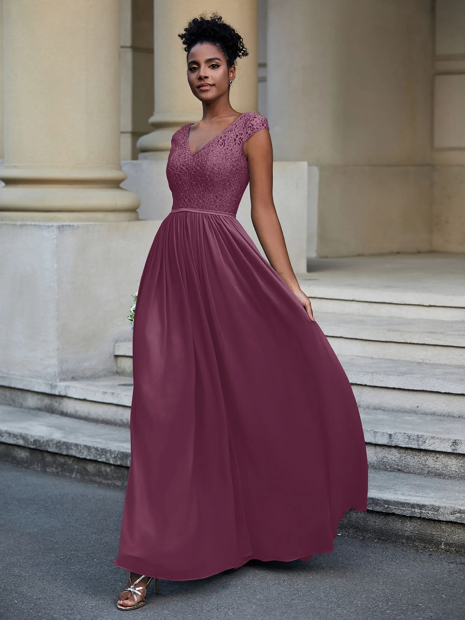 Lace and Chiffon Maxi Dress with Cap Sleeves-Mulberry Plus Size