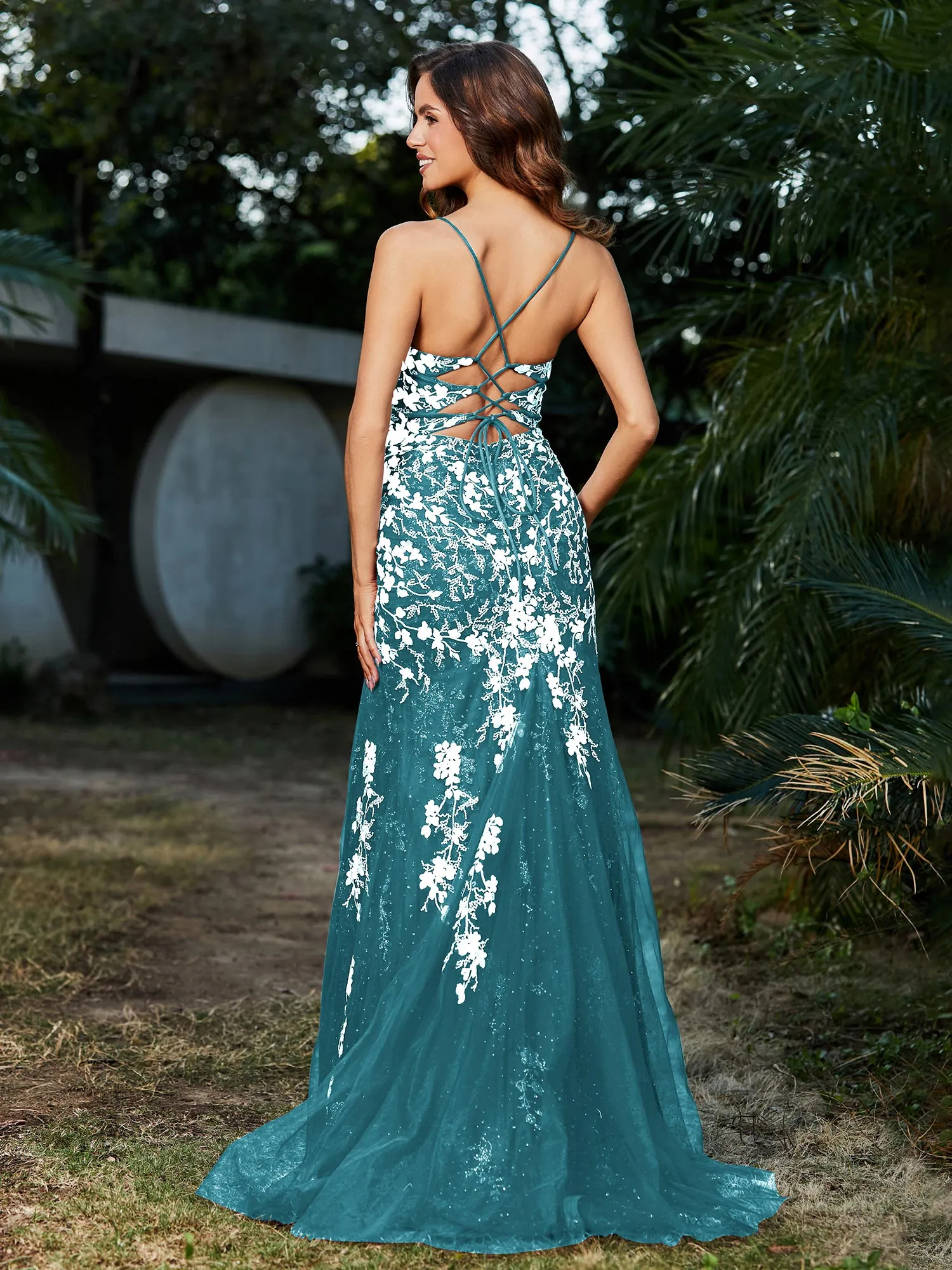 Lace Applique High Slit Fitted Tulle Dress Jade