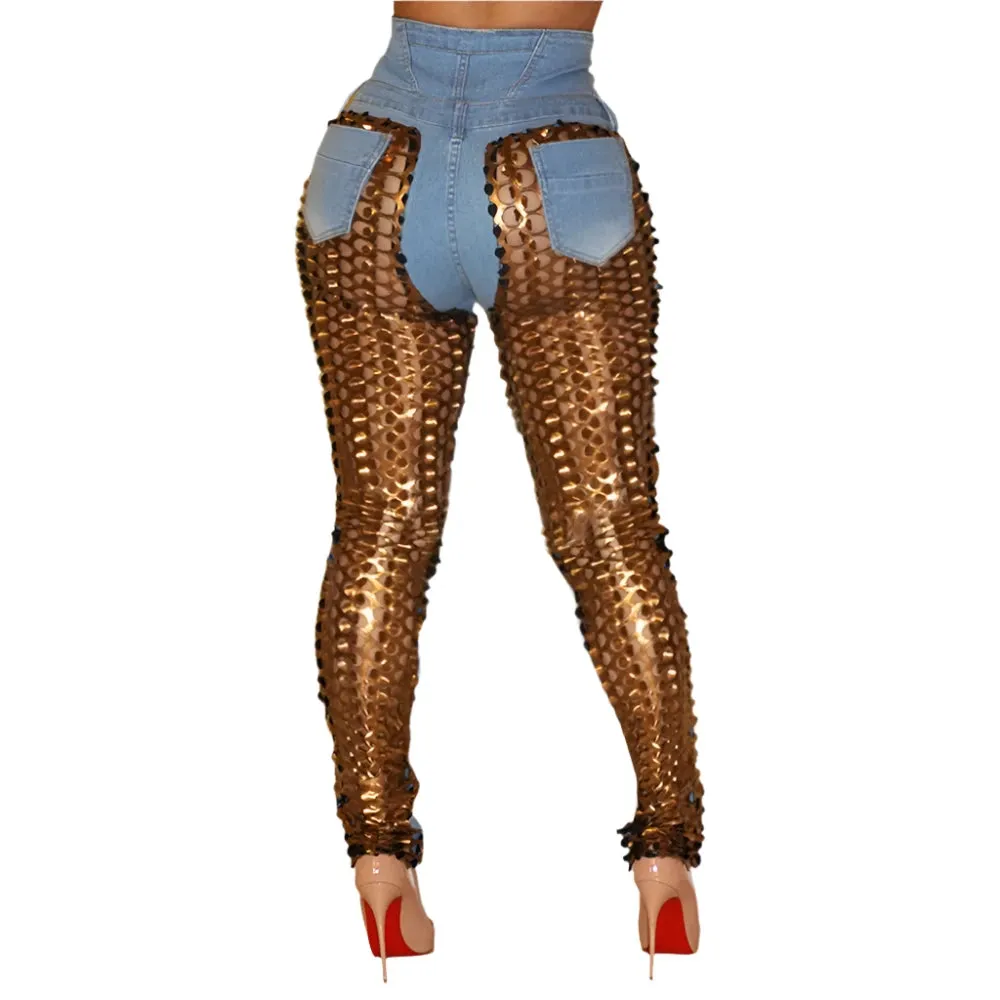 TEEK - Plus Size Gold Contrast Scales Skinny Jeans