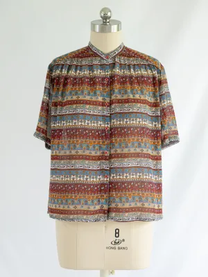 Vintage Colorful Stripe Floral Detailed Paisley Print Chiffon Blouse