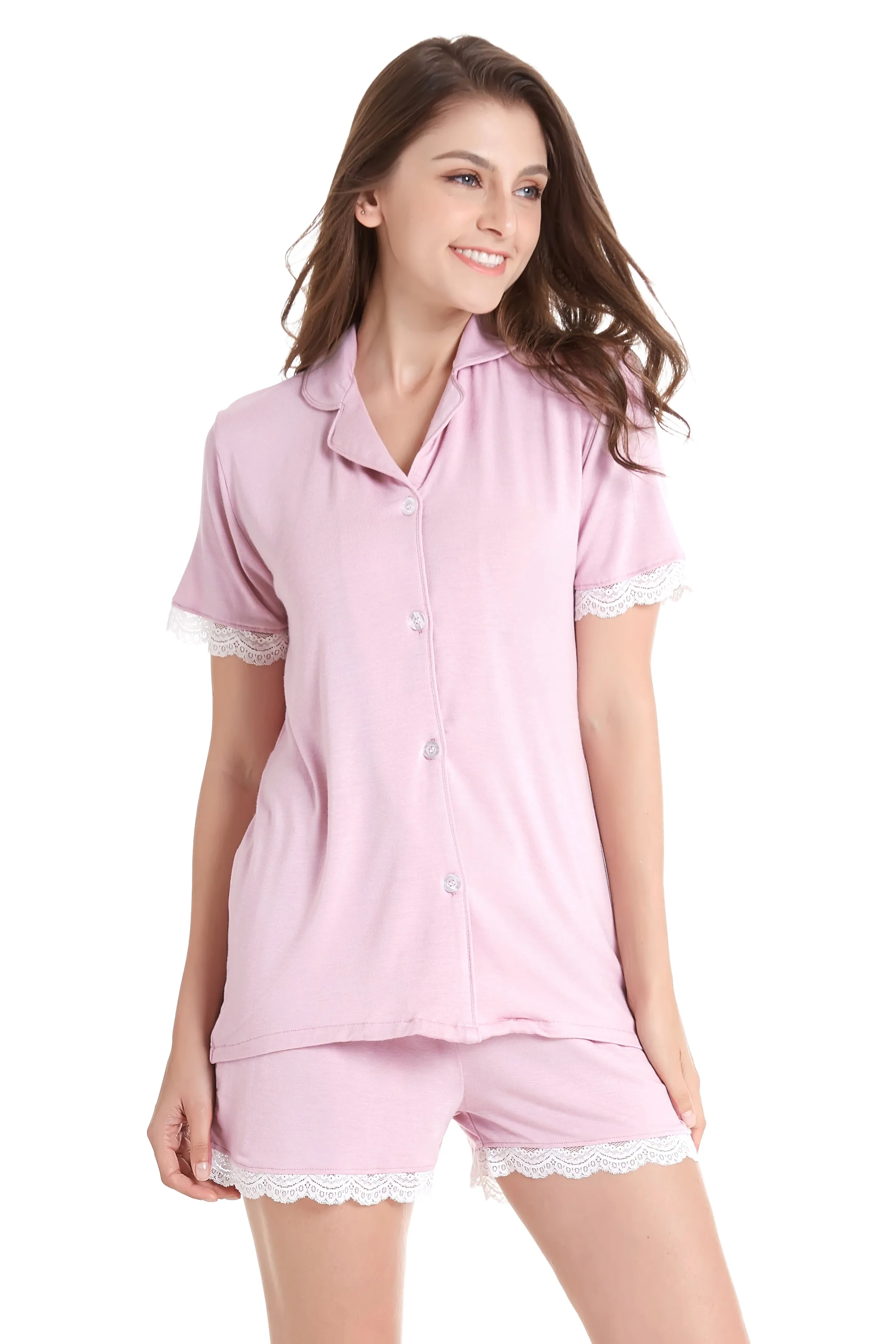 Women's Knit Pajama Set Short Sleeve with Lace