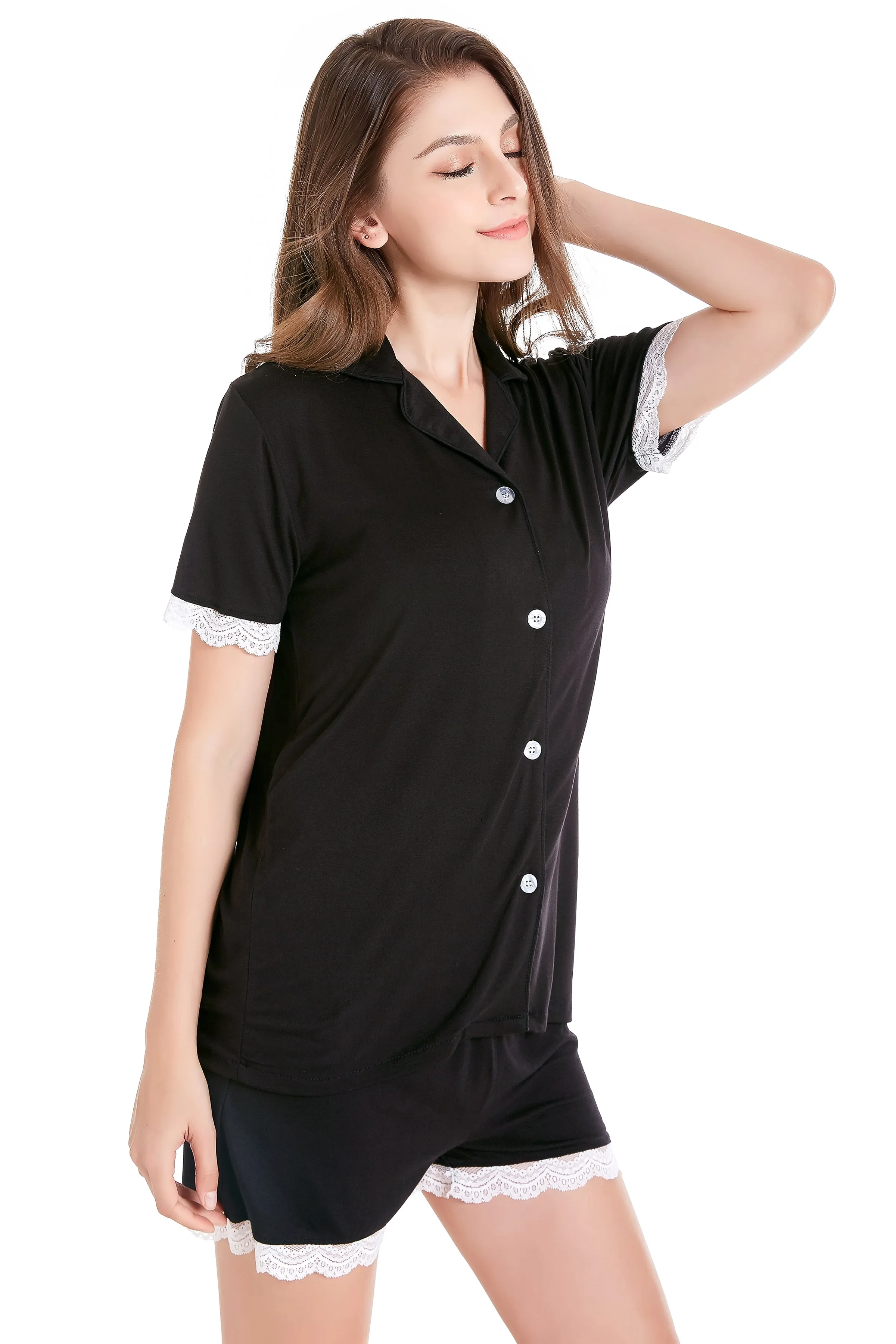 Women's Knit Pajama Set Short Sleeve with Lace