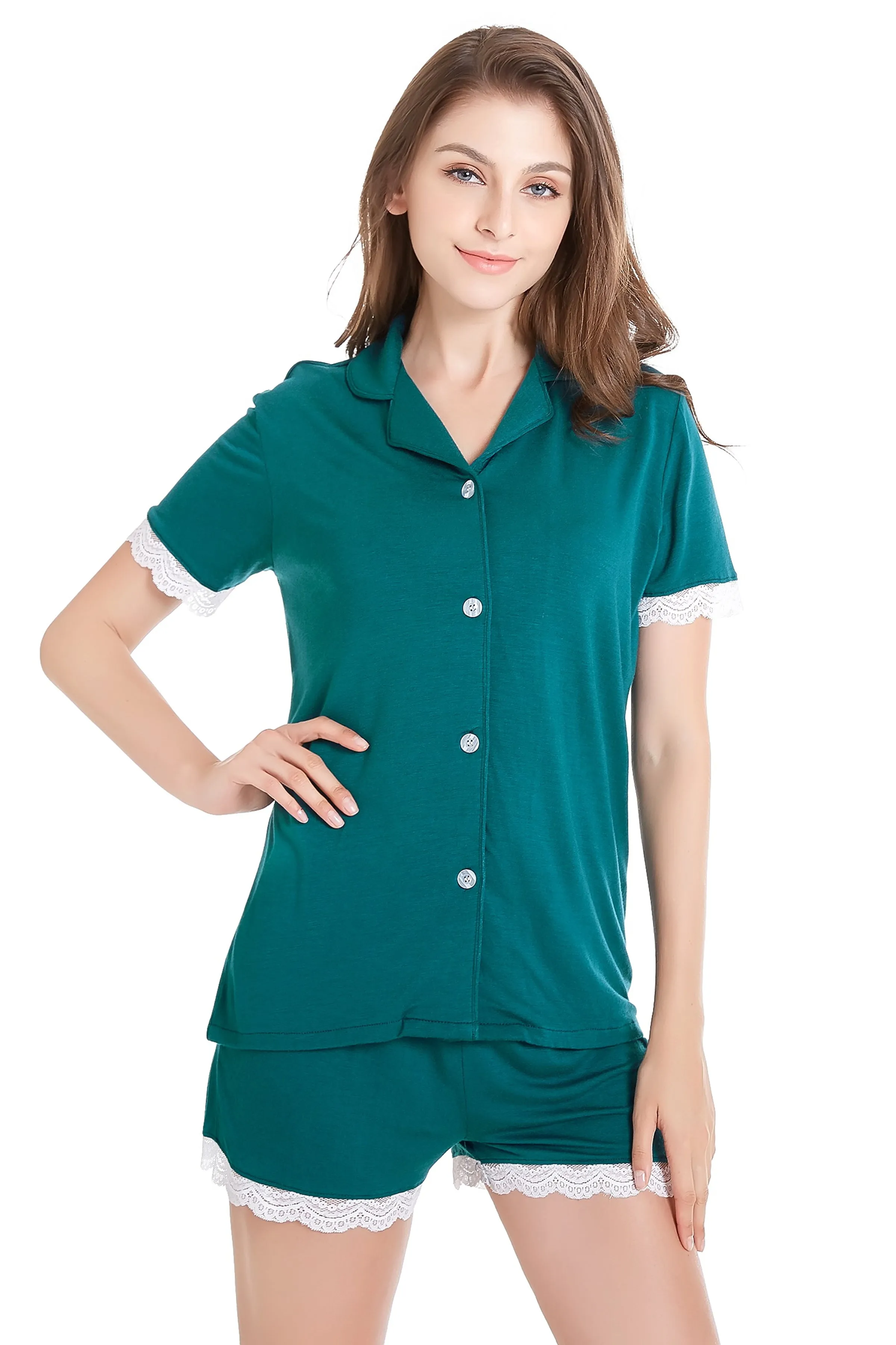 Women's Knit Pajama Set Short Sleeve with Lace