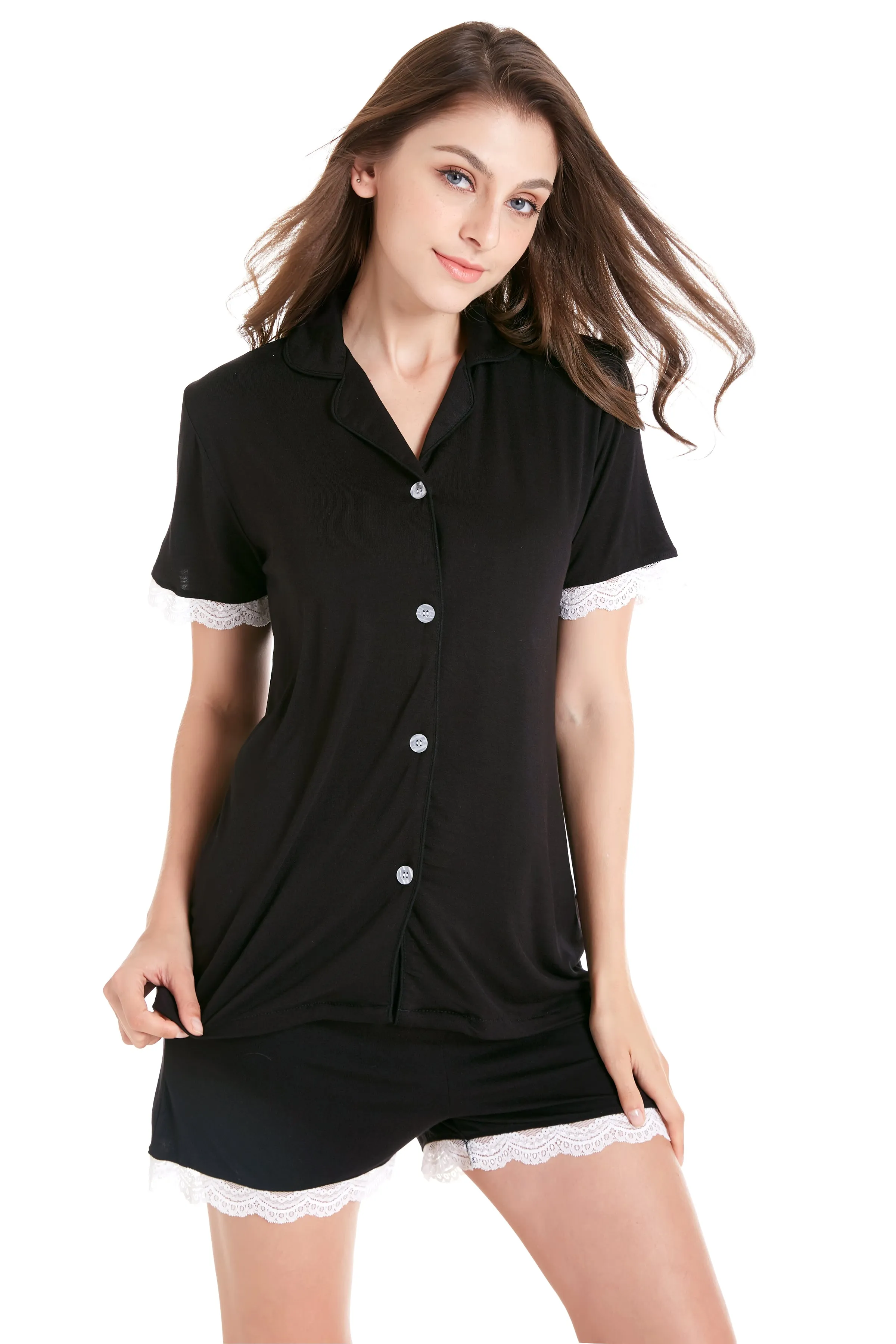 Women's Knit Pajama Set Short Sleeve with Lace