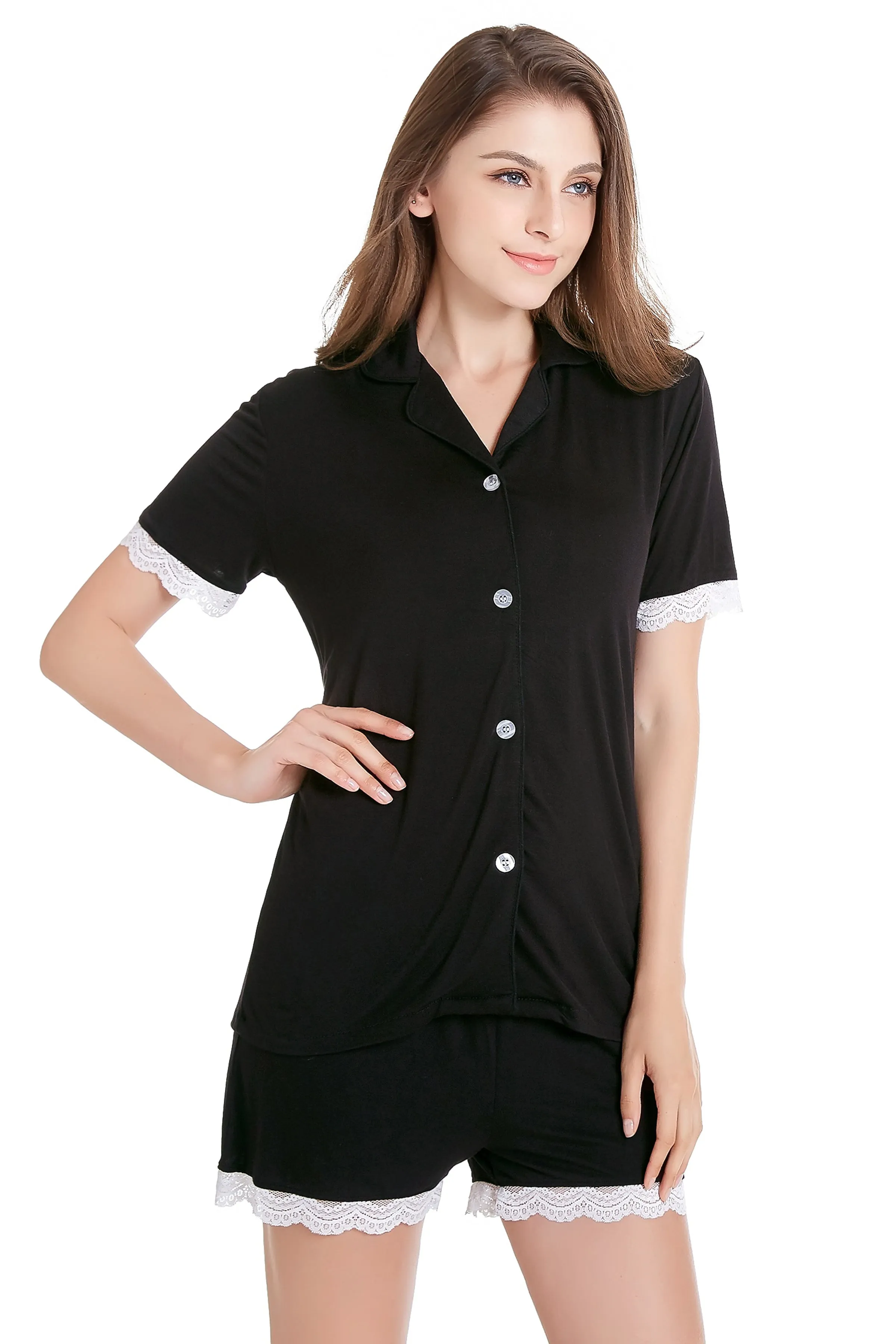 Women's Knit Pajama Set Short Sleeve with Lace
