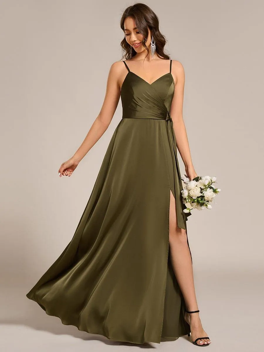 Wrap-Style Spaghetti Strap Maxi Satin Bridesmaid Dress